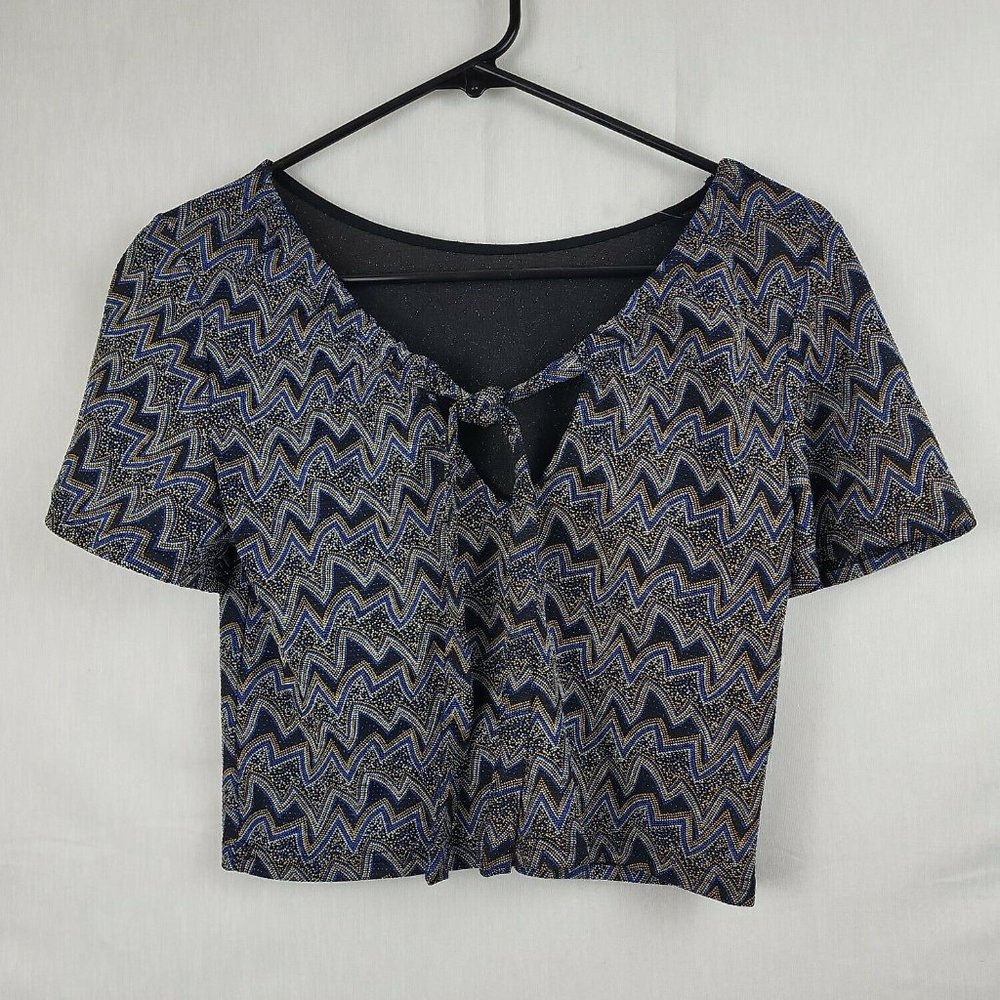 Zara Womens Multicolor Zig Zag Short Sleeve Keyhole Neck Cropped Top Size Small - Picture 1 of 8